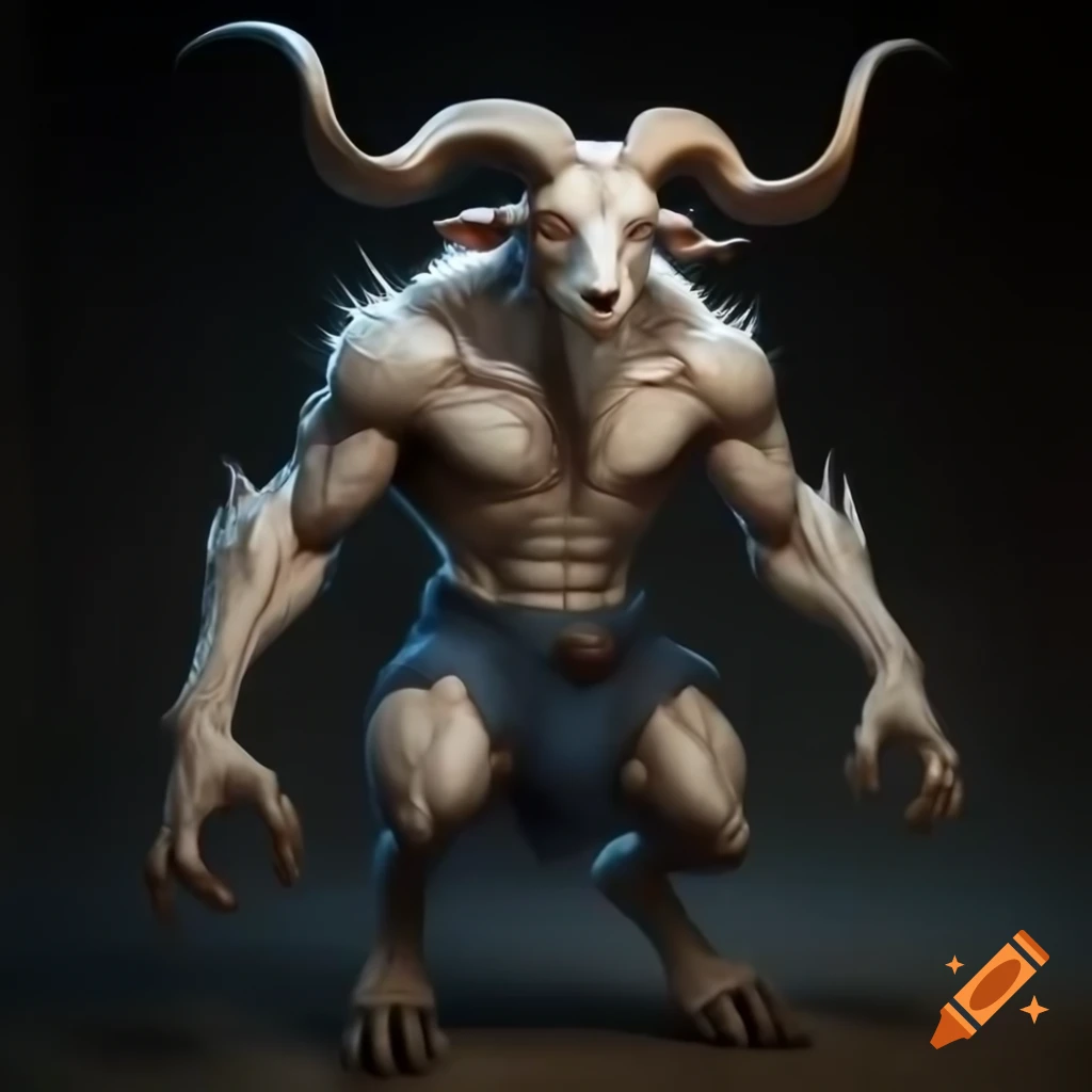 Realistic goat-headed demon with large horns and muscular legs, standing in serious pose