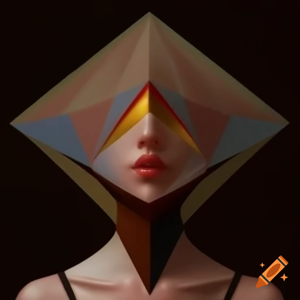 Surreal human figure with geometric head and smooth forms against simple colors