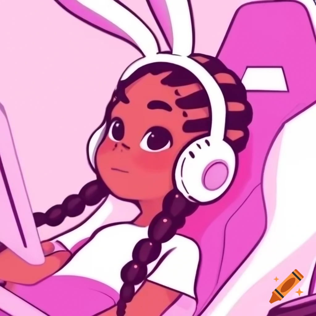 African American gamer with bunny ear headphones focused on gaming from behind a pink chair