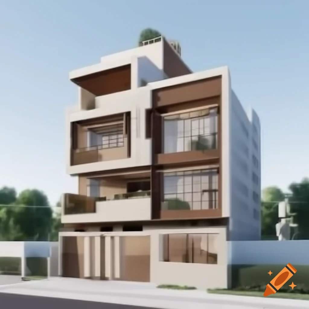 Realistic 3D model of modern 2-story residential building with contemporary design