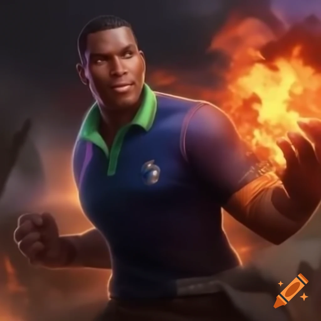 Black man in polo using fire superpower against rainbow smoke cloud in epic battle