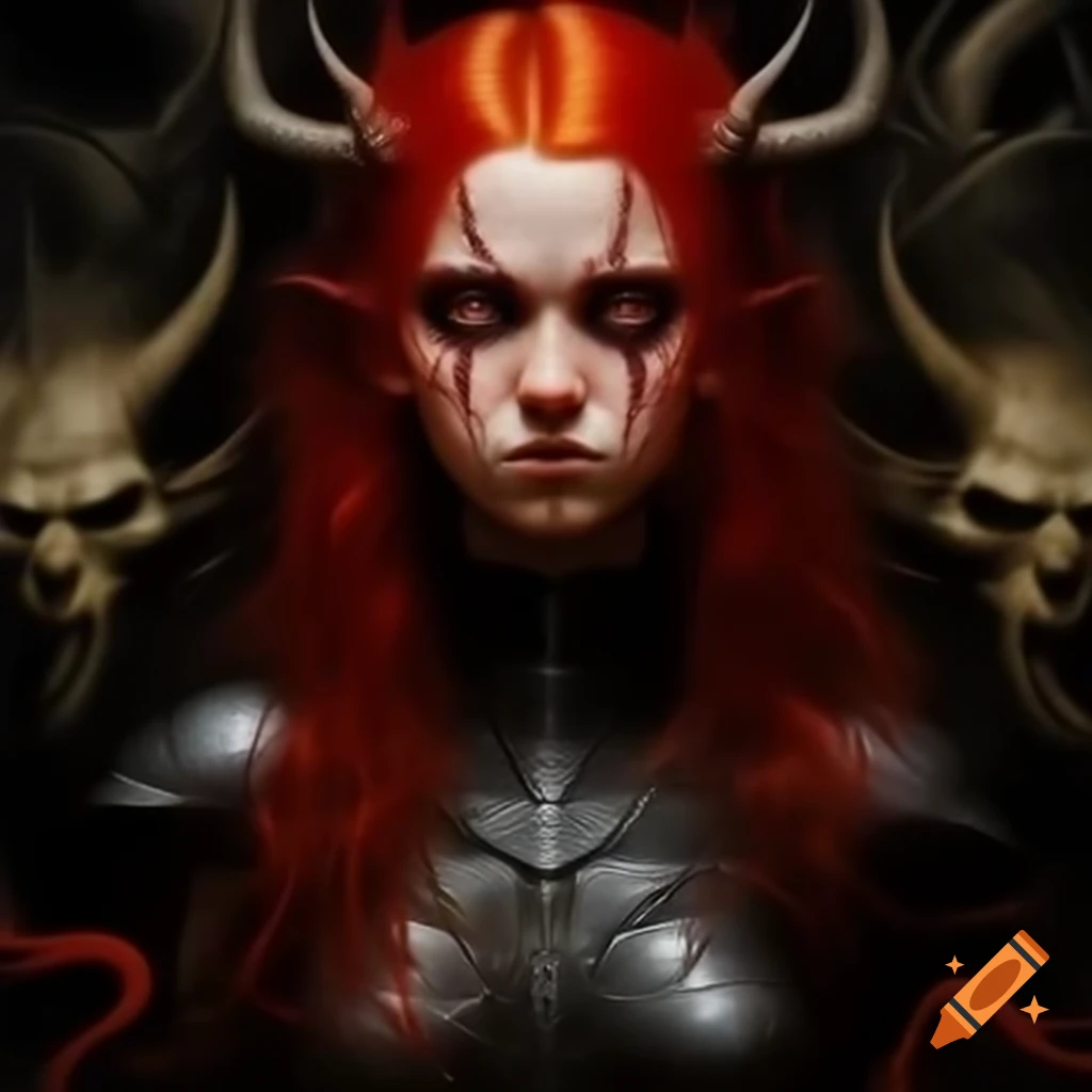 Heavy metal album cover featuring girl with red hair and demons, dark theme
