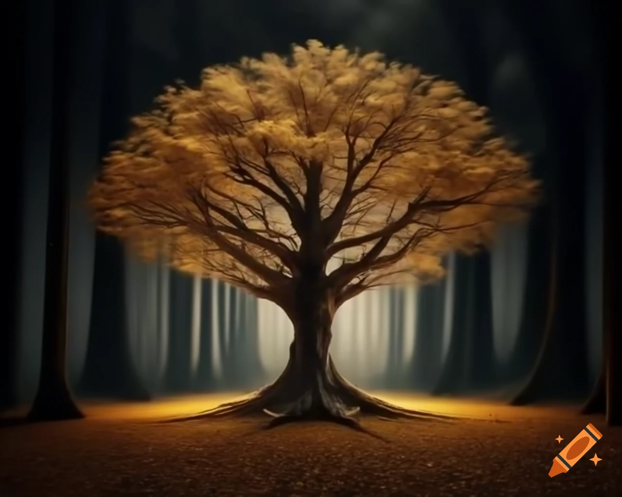 Surreal scene of oak tree with golden leaves in dark forest