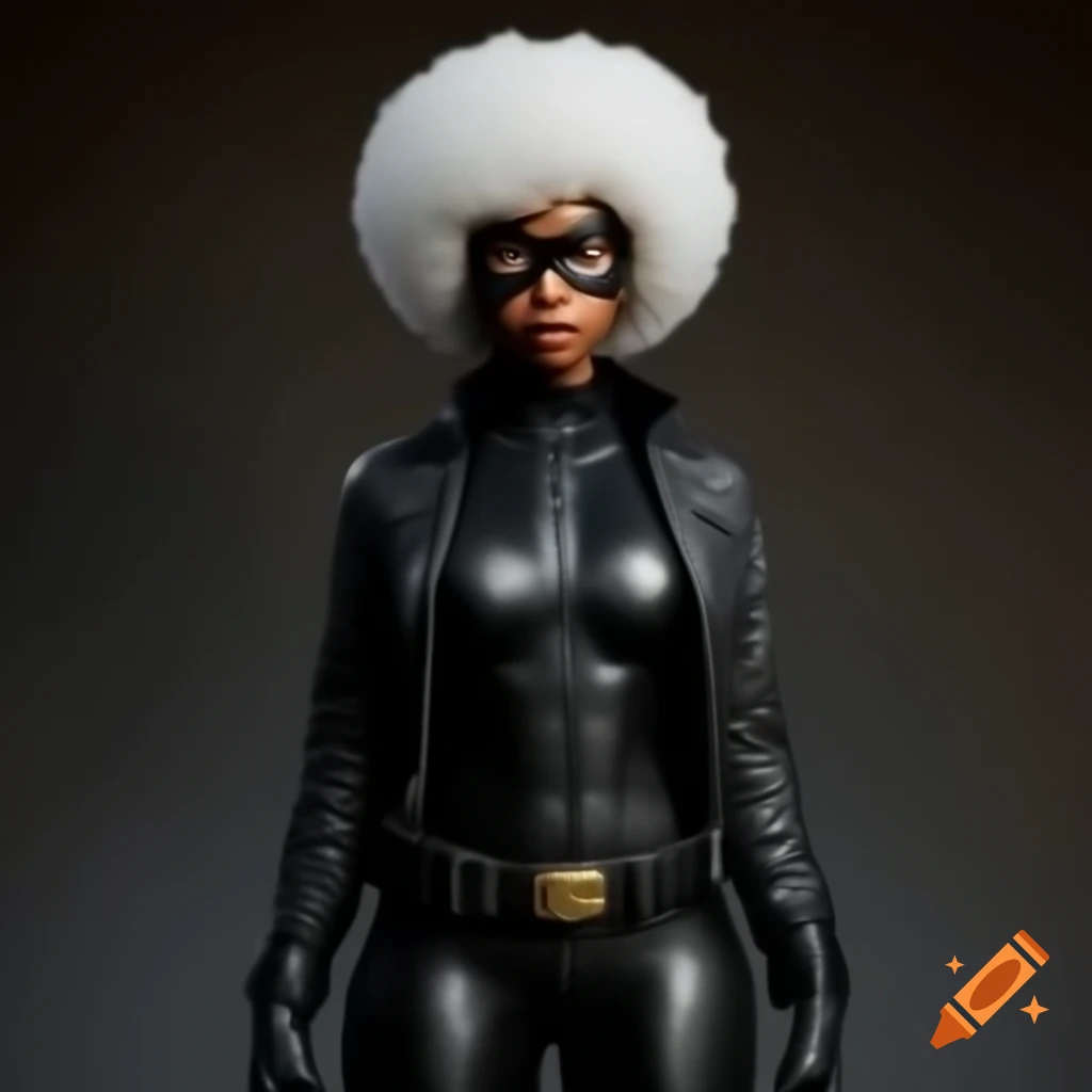 Realistic portrayal of Black Cat character from Marvel, African American female with white afro hair in black catsuit