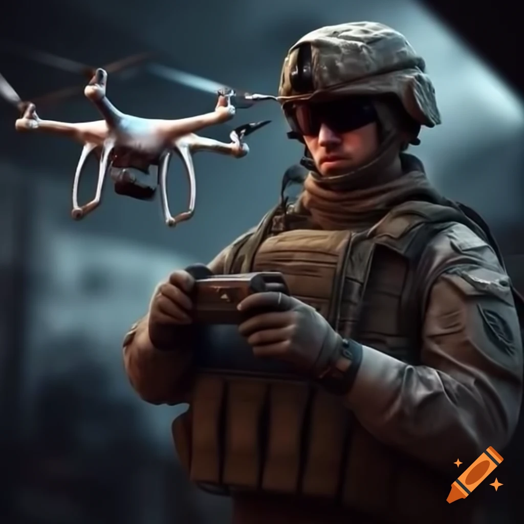 Soldier operating chrome-plated drone