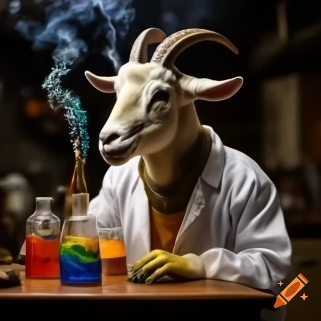 Human with goat head in lab coat surrounded by colorful potions and smoke