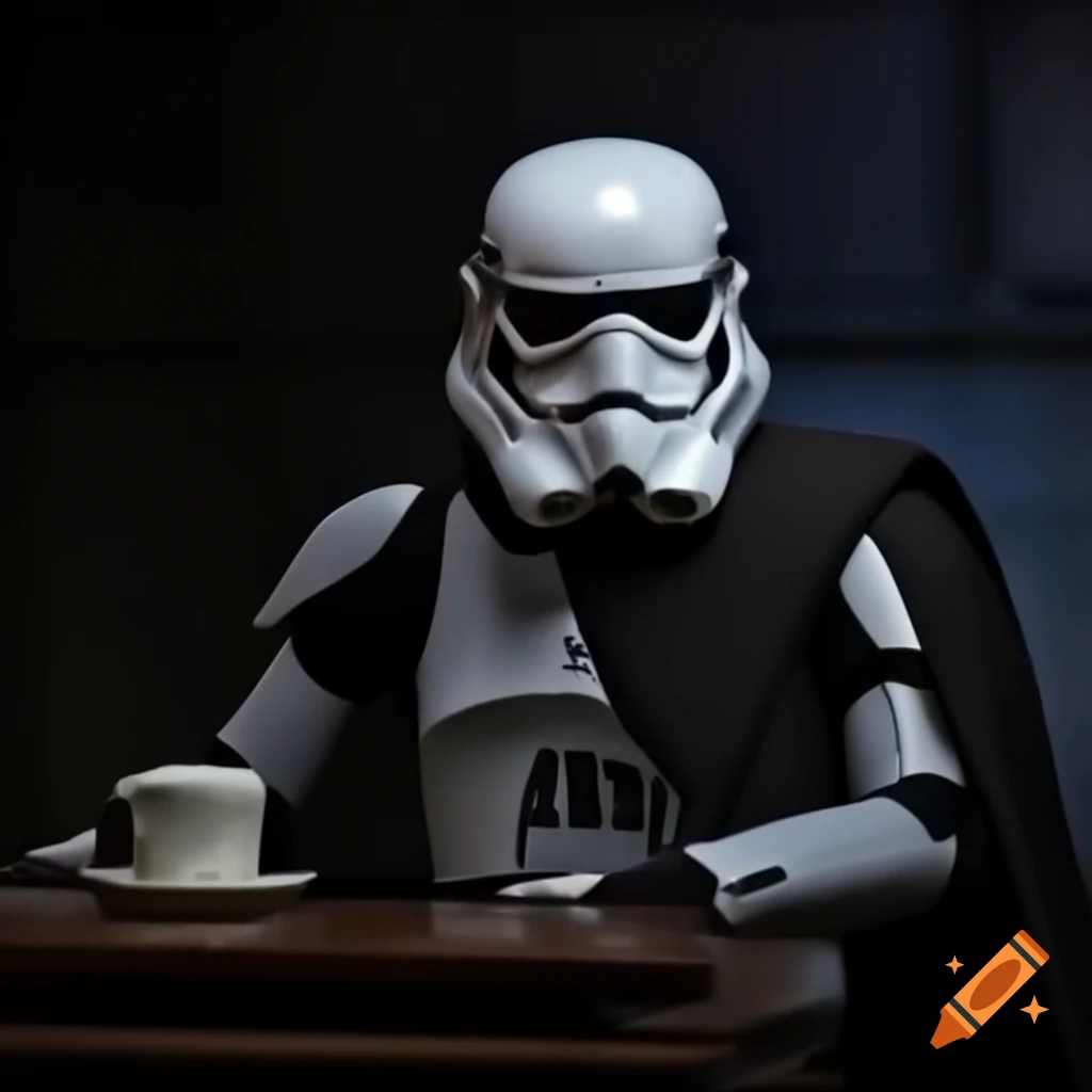 Star Wars death trooper holding coffee cup