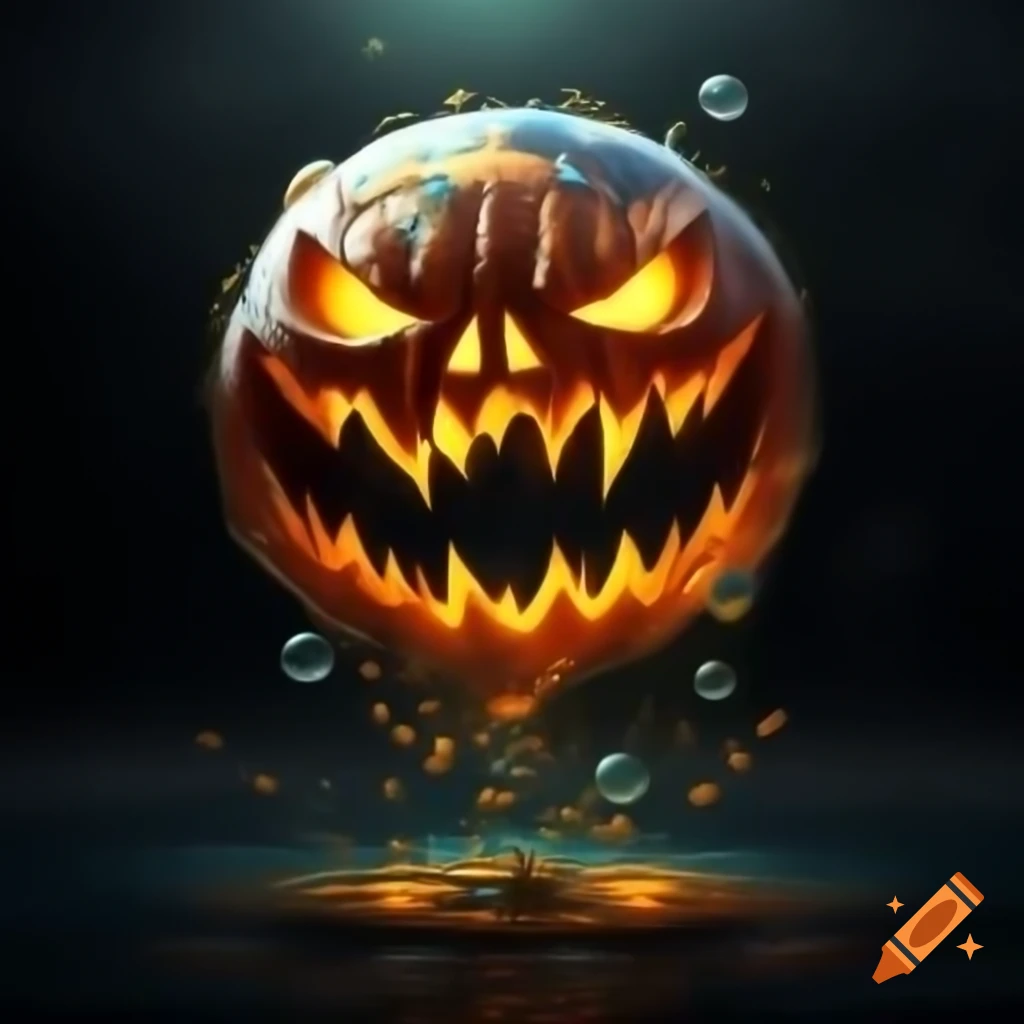 Hyper realistic fantasy monster bubble with brown eyes and Jack O' Lantern mouth, rainbow effect