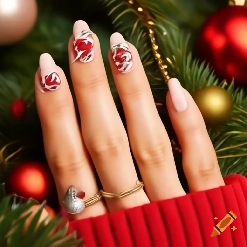 Christmas-themed nail art design with decorations