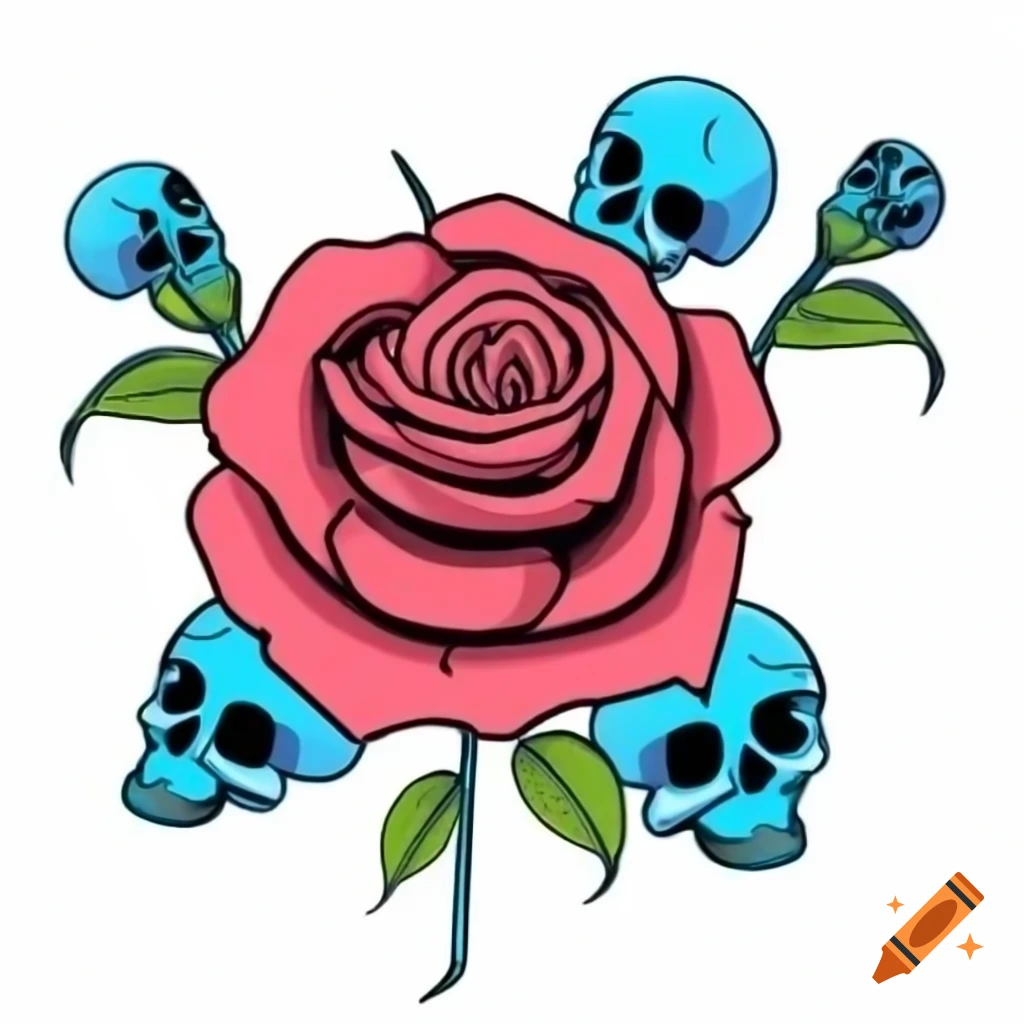 Vibrant street-art-inspired rose surrounded by blue stylized skulls