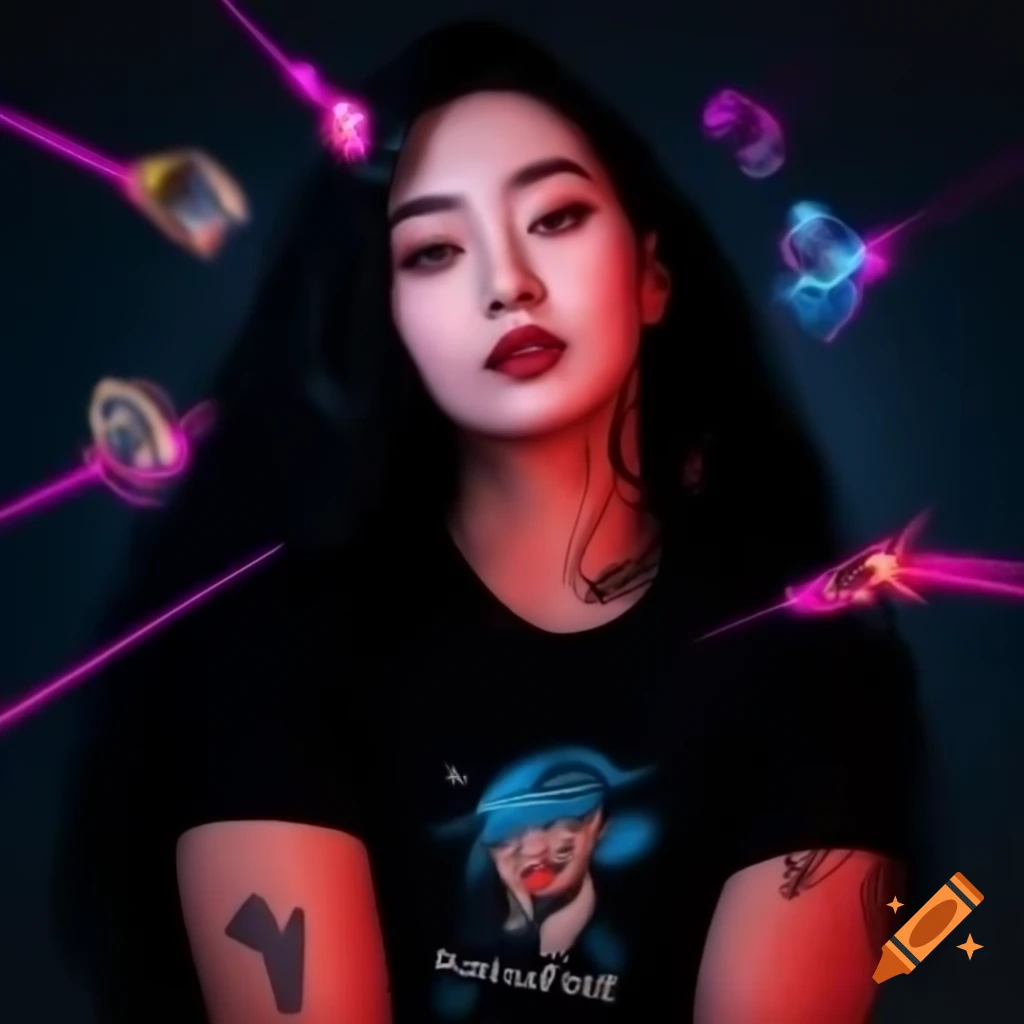 Confident Korean female model with tattoo in black t-shirt, expressive portrait