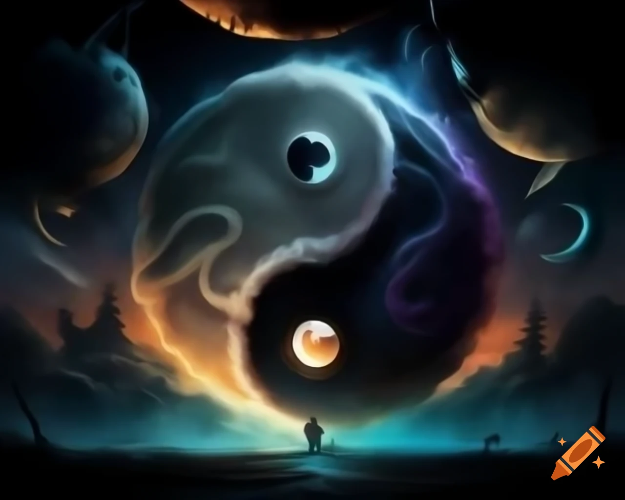 Surreal fantasy illustration in Halloween theme featuring Yin and Yang