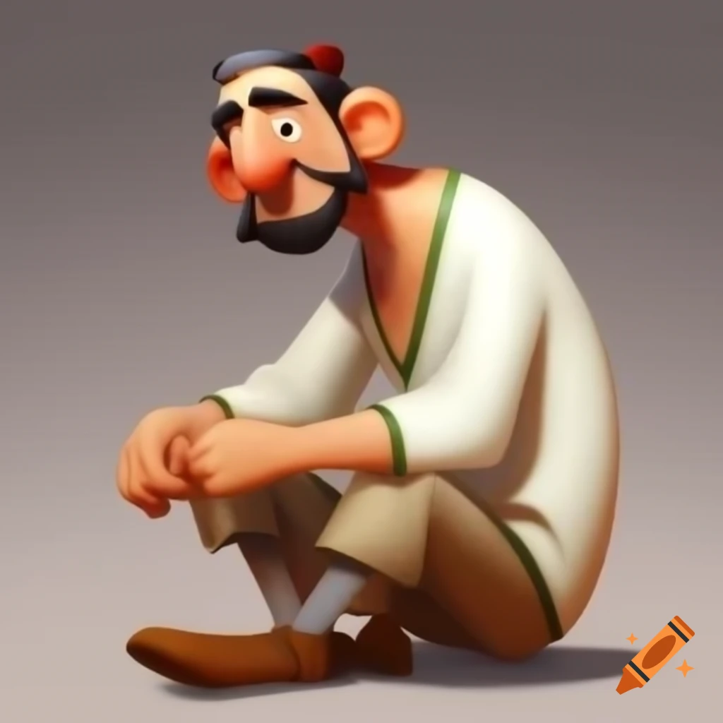 Uzbek man character design in Pixar animation style wearing traditional attire