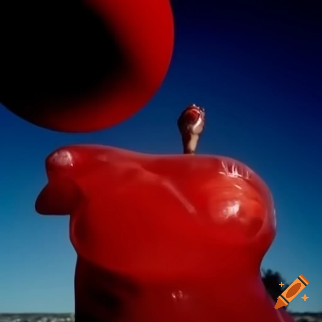 Pop surreal photography featuring red glass statue from the 2000s