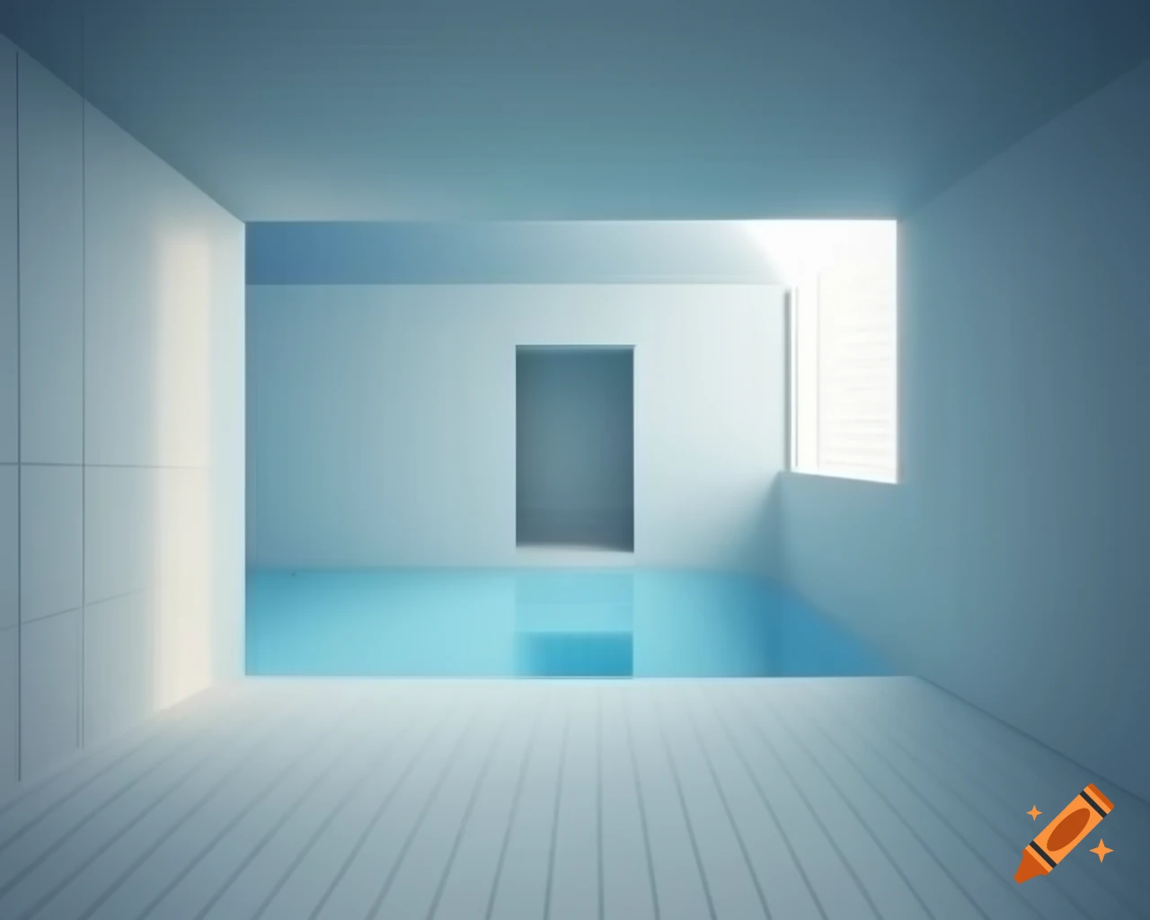 Modern poolroom design featuring white tiles and natural light from windows, created in Blender