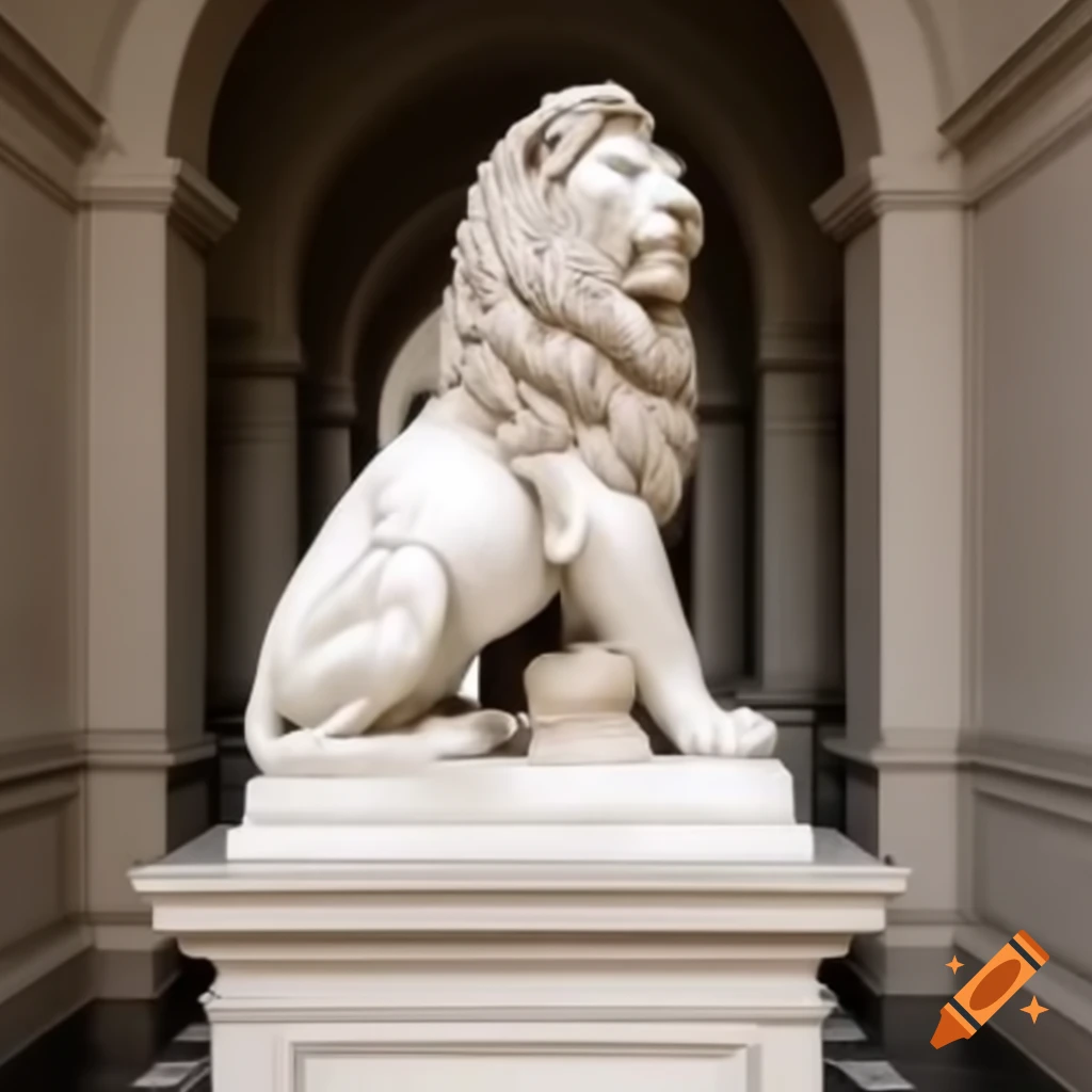 Marble sculpture of male lion in a hallway