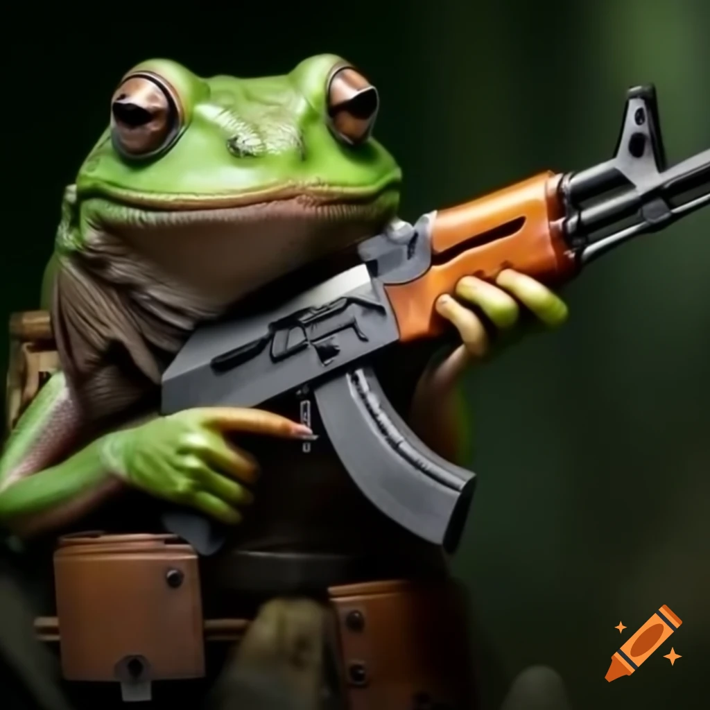Frog character holding a white AK-47 in a gaming context