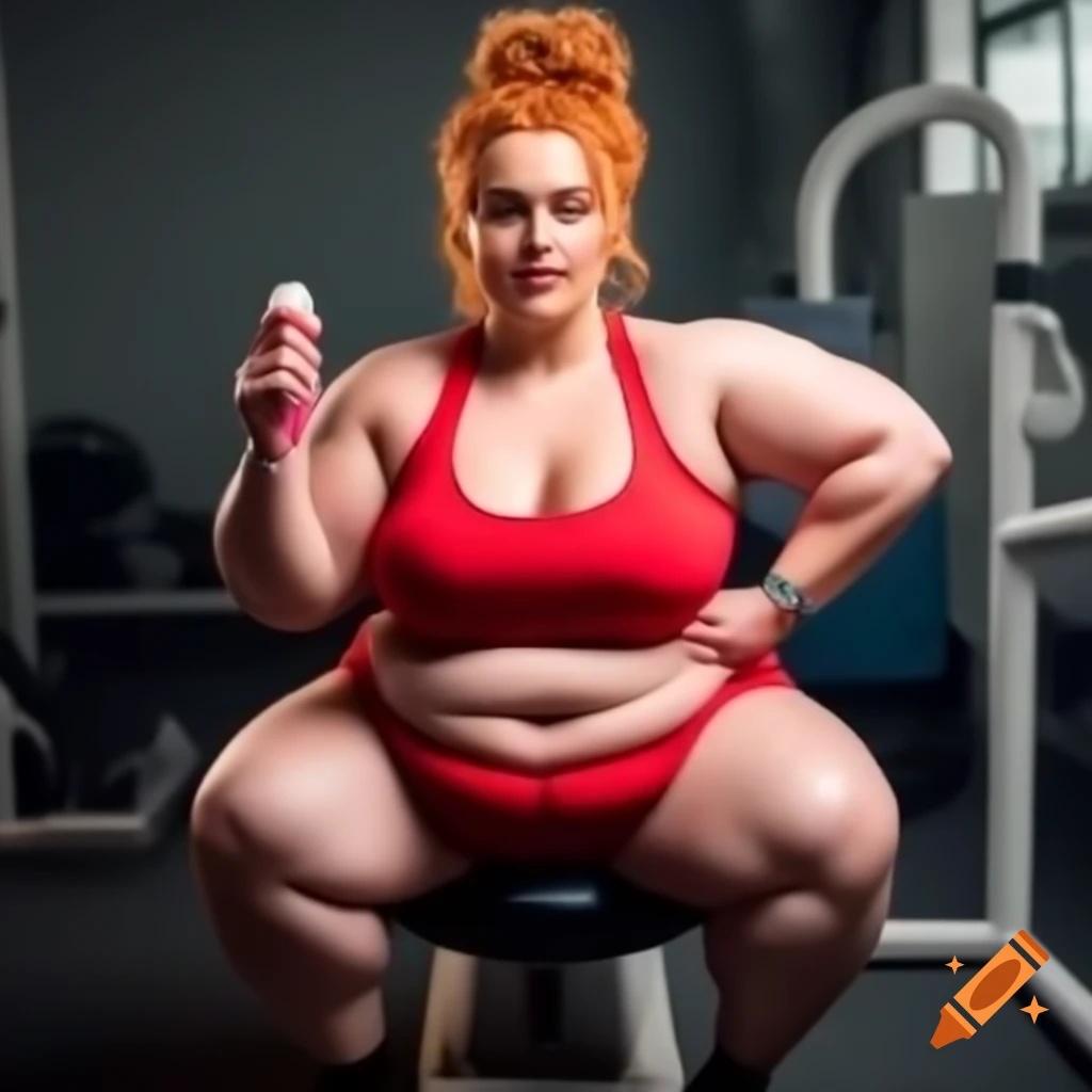 Curly ginger-haired woman dentist in gym squatting and eating ice cream