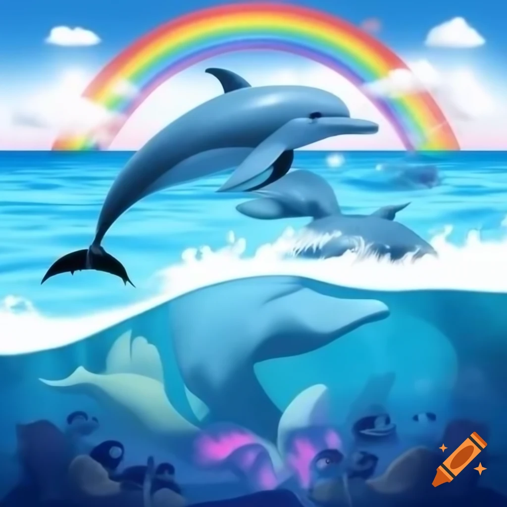 Whimsical scene of dolphin and unicorn in the sea with rainbow, mermaids, and pink aura