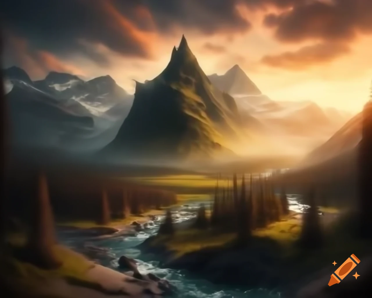 Majestic mountain range towering above a winding river