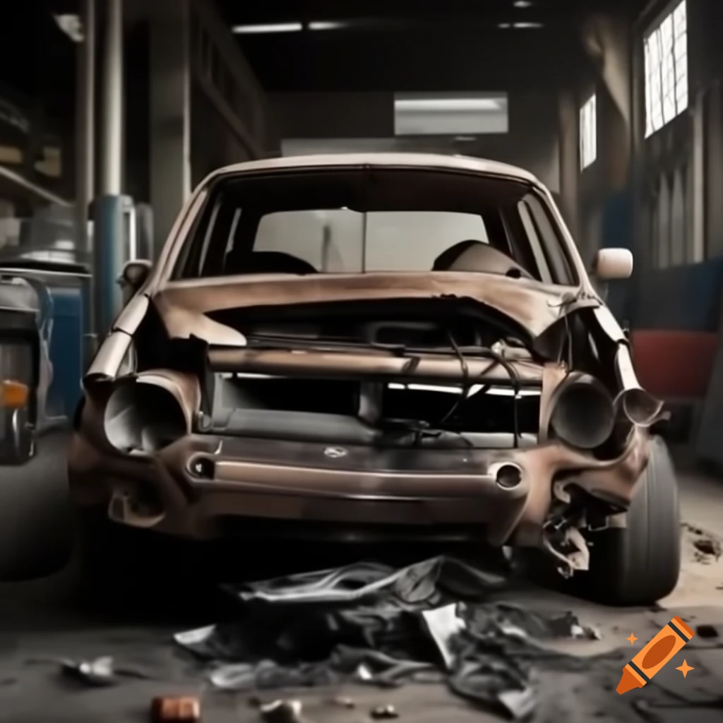 Damaged Volkswagen in a repair shop setting