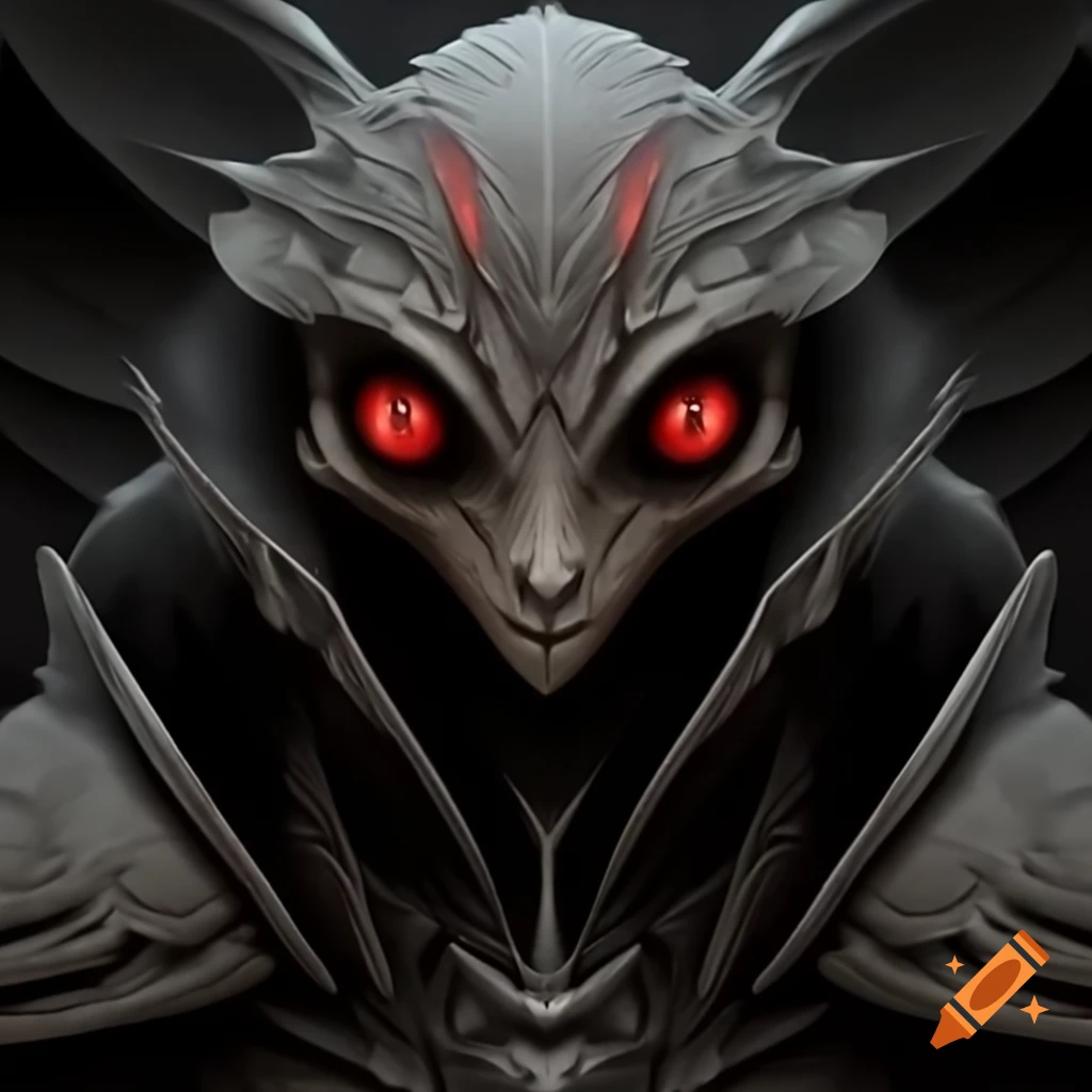 Highly detailed mothman cryptid character with red eyes and black-grey fur