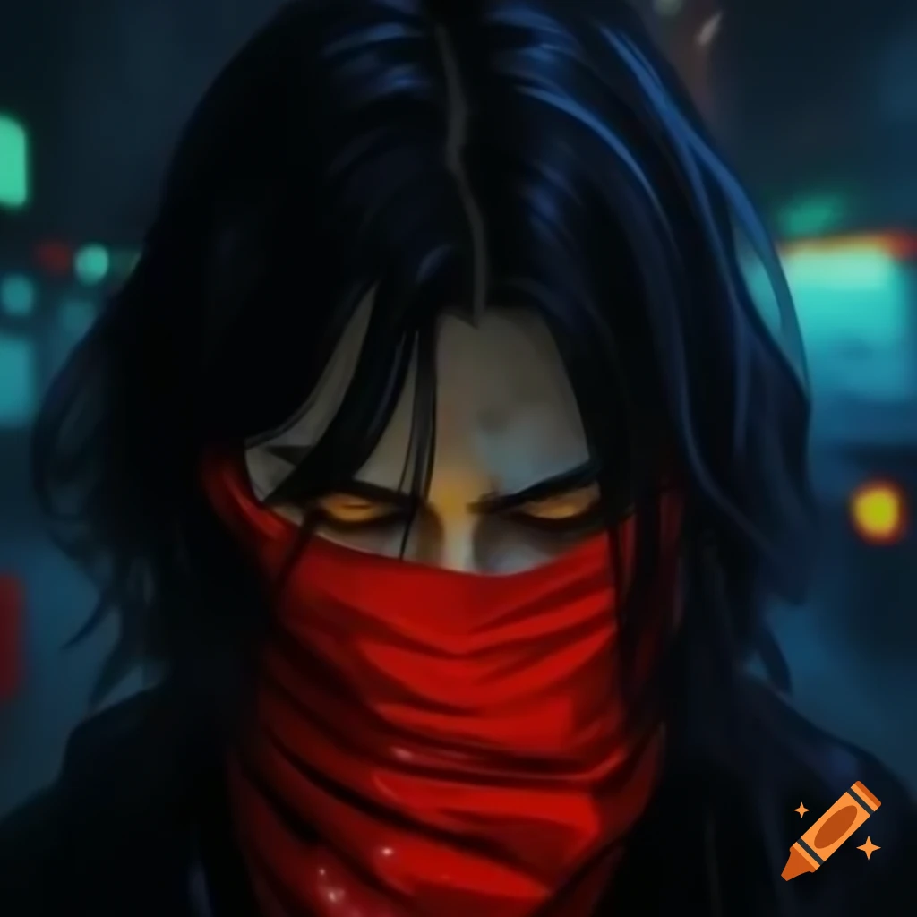 Low angle shot of man with long black hair and red bandana in urban environment