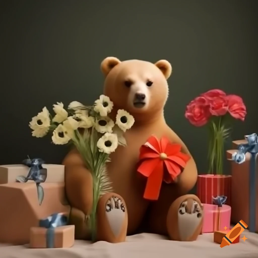 Bear presenting flowers while looking at the camera