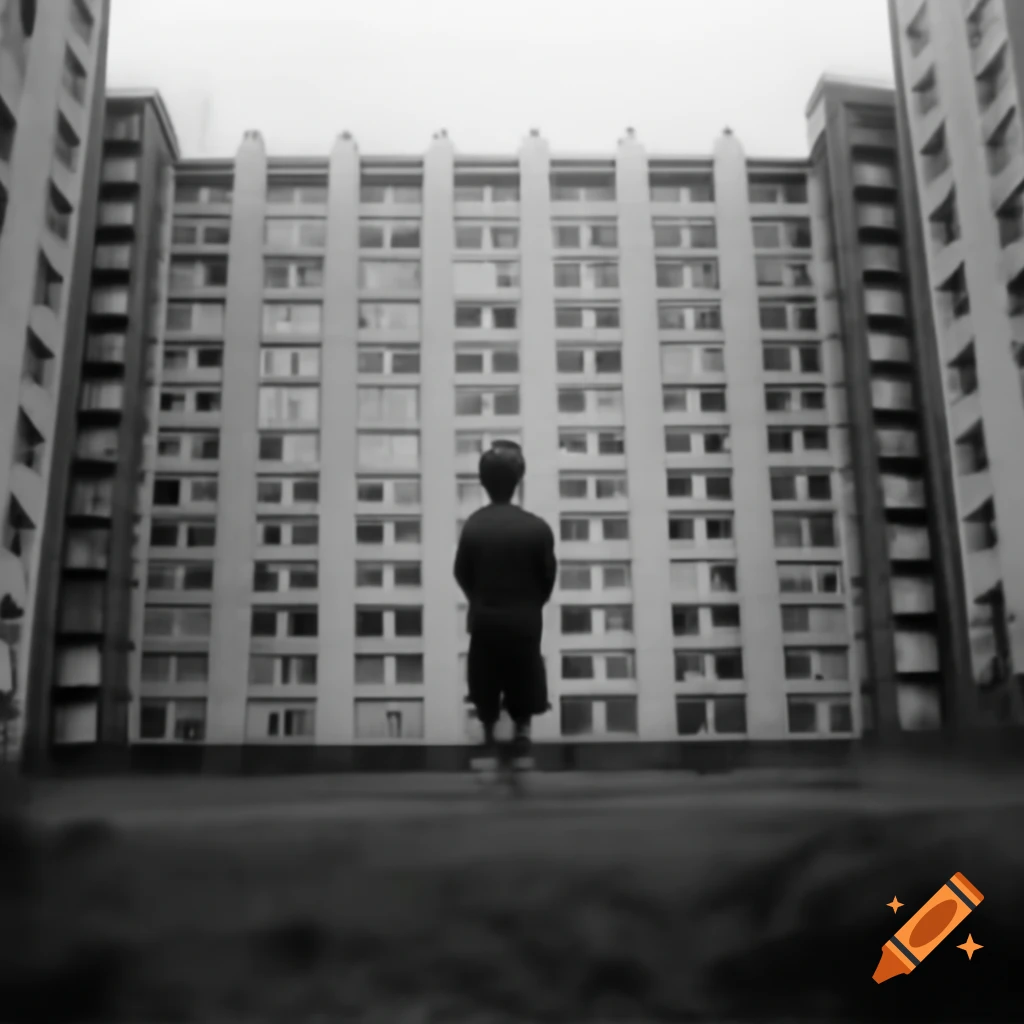 Boy in front of ex-Soviet architecture resembling Inception movie style