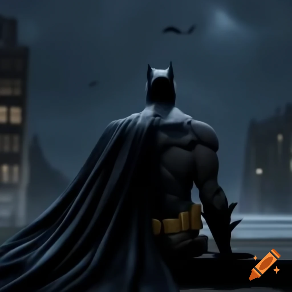 Batman overlooking Gotham on a rainy night, sitting peacefully
