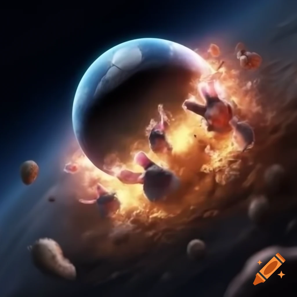 Exploding planet resembling pink bunnies in outer space with Jupiter