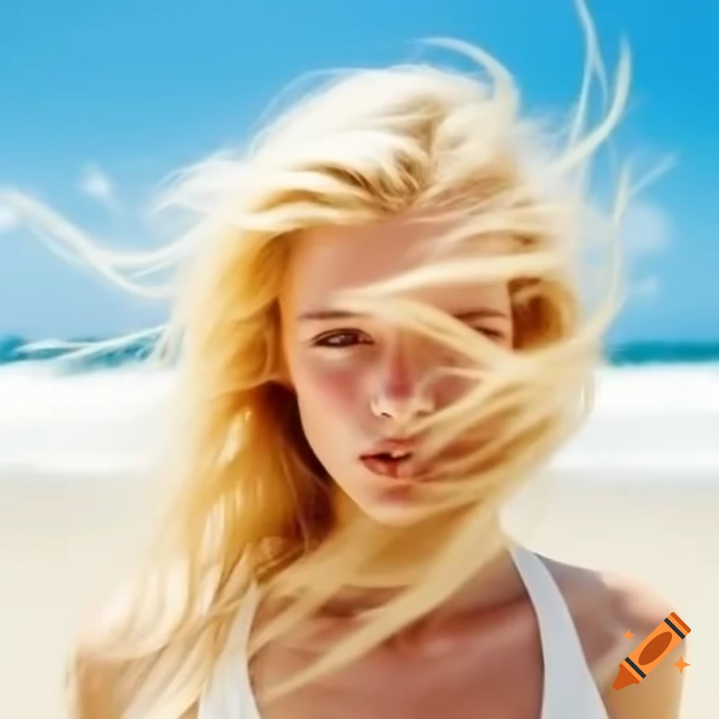 Woman at sunny beach with blonde hair