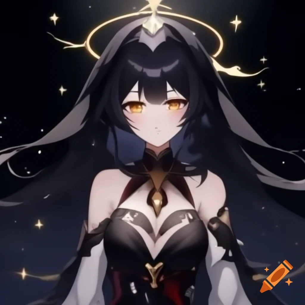 Celestial Herrscher with black hair and golden eyes in Honkai Impact 3rd style