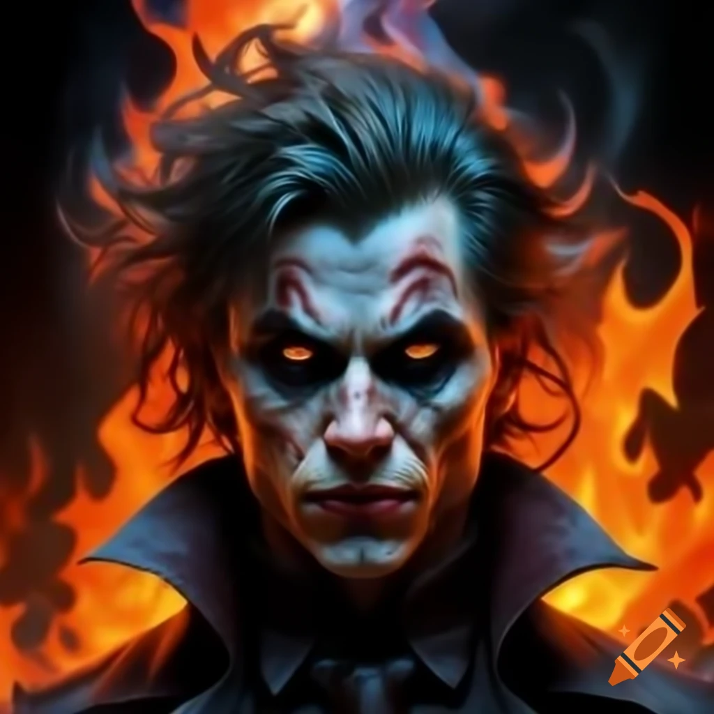 Hyper-realistic psychedelic vampire with messy hair against flames
