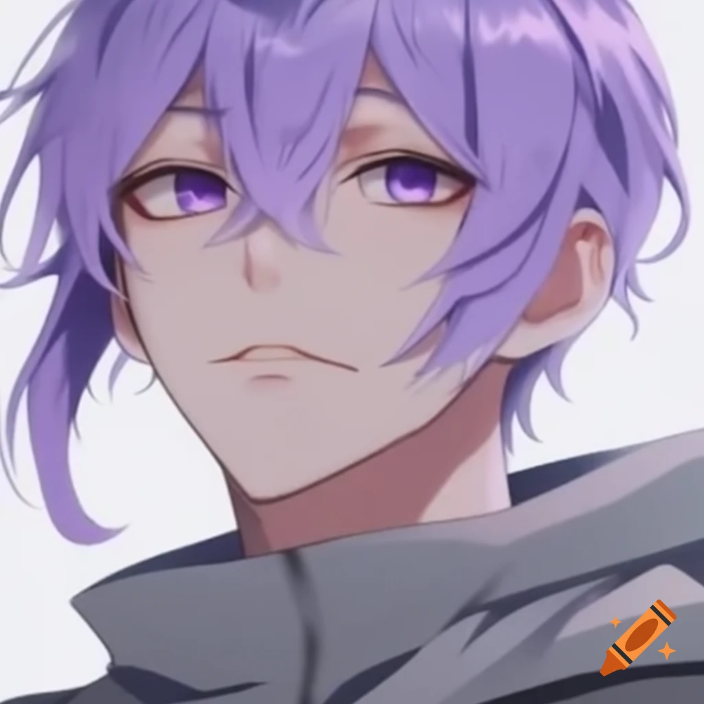 Handsome anime character with lilac hair and violet eyes in grey clothing