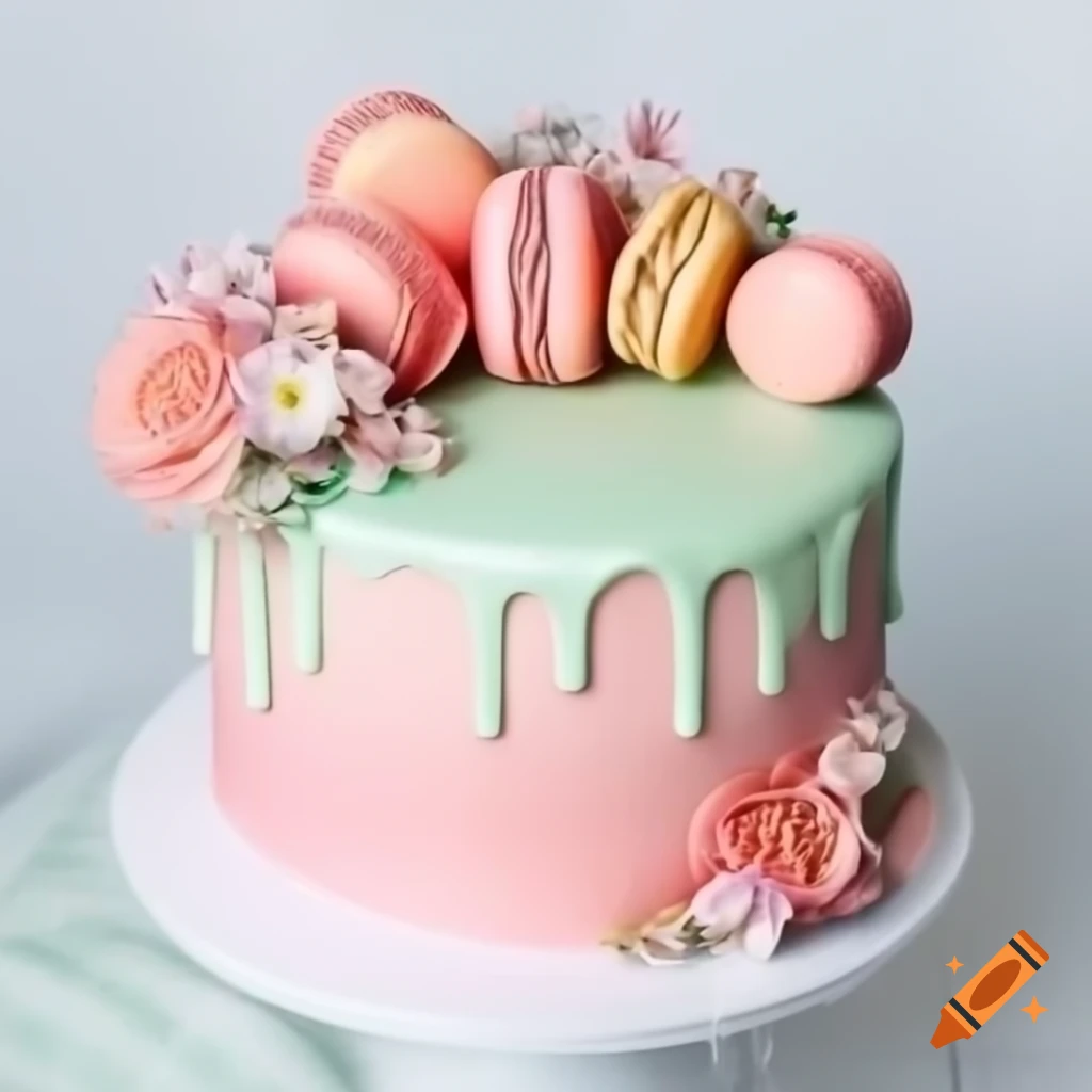 Pink and pastel green cake decorated with macarons and flowers