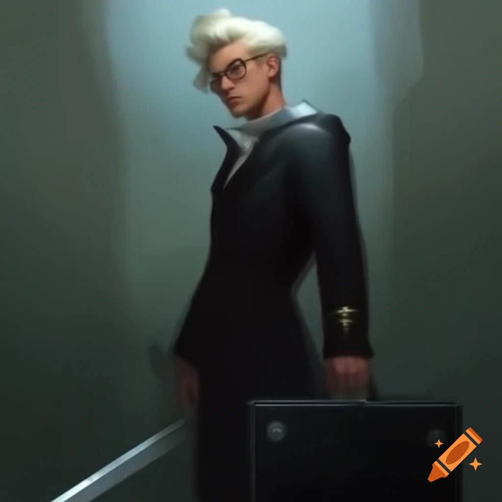 Man with bleached hair and distinctive glasses in long black overcoat