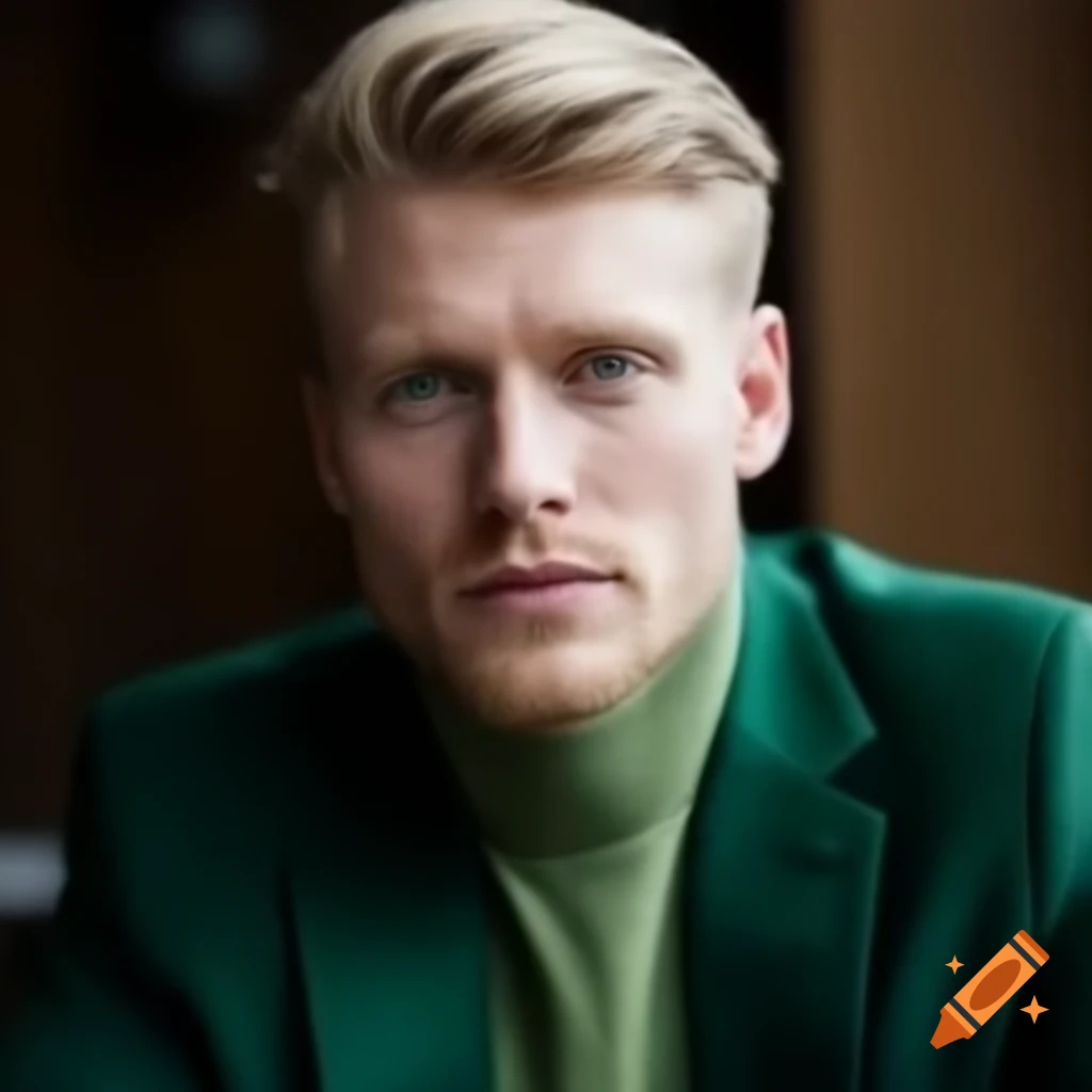 Blonde male politician in green attire displaying ambition and seriousness