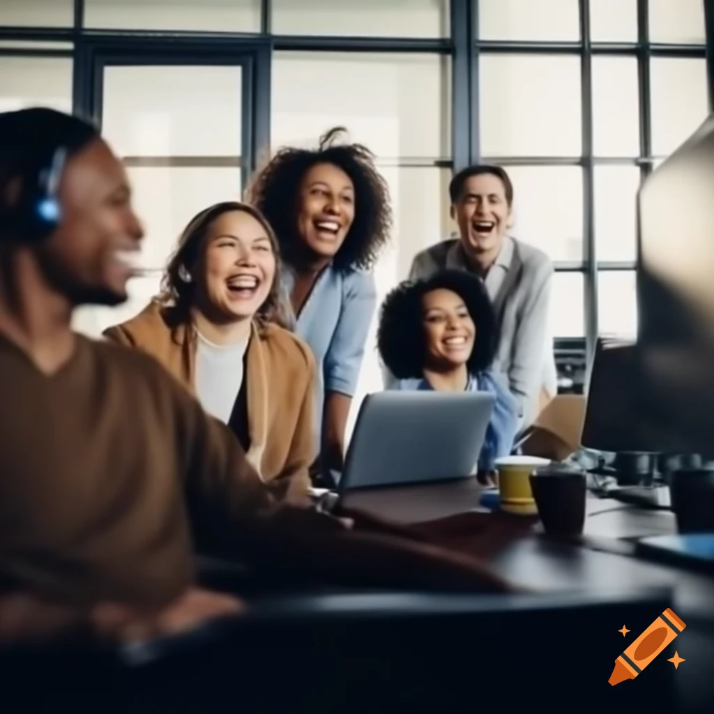 Happy call center staff in a large office environment