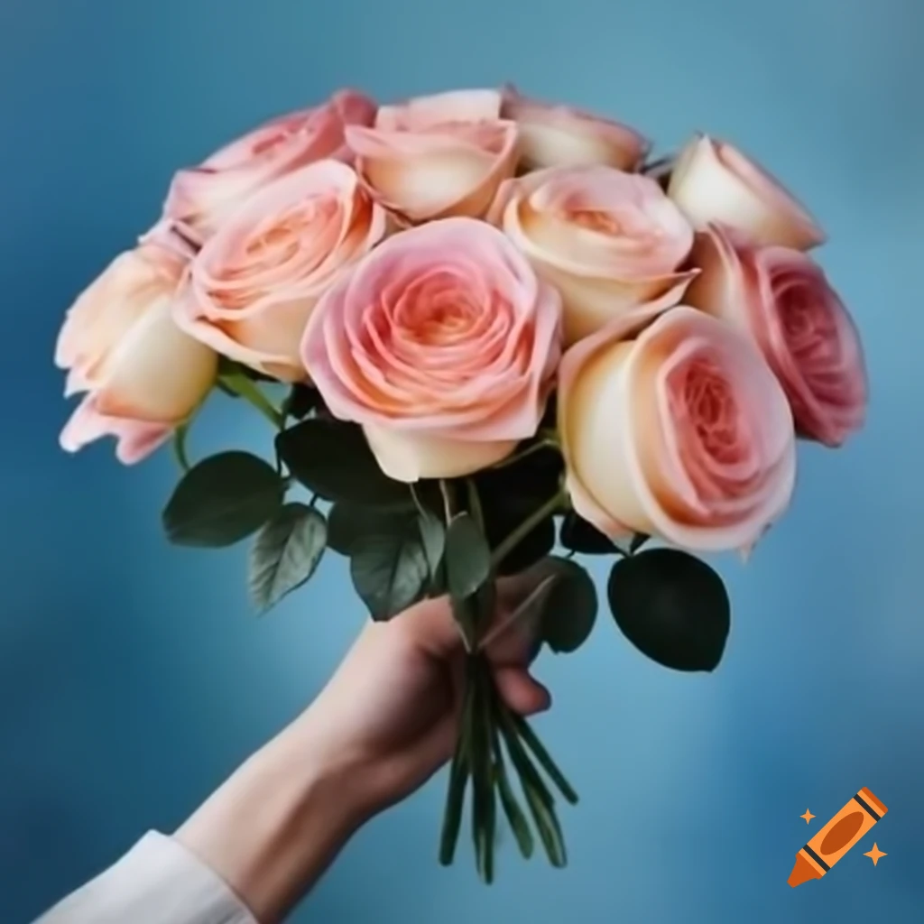 Bouquet of bright white roses held in front of a blue background