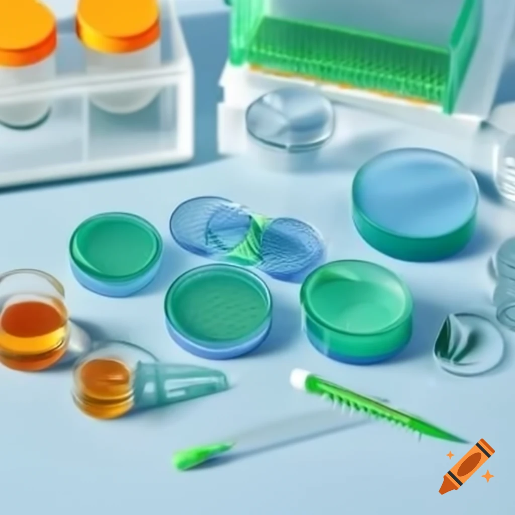 Laboratory setup with petri dishes, fertilizer, duckweed plants, and measuring tools