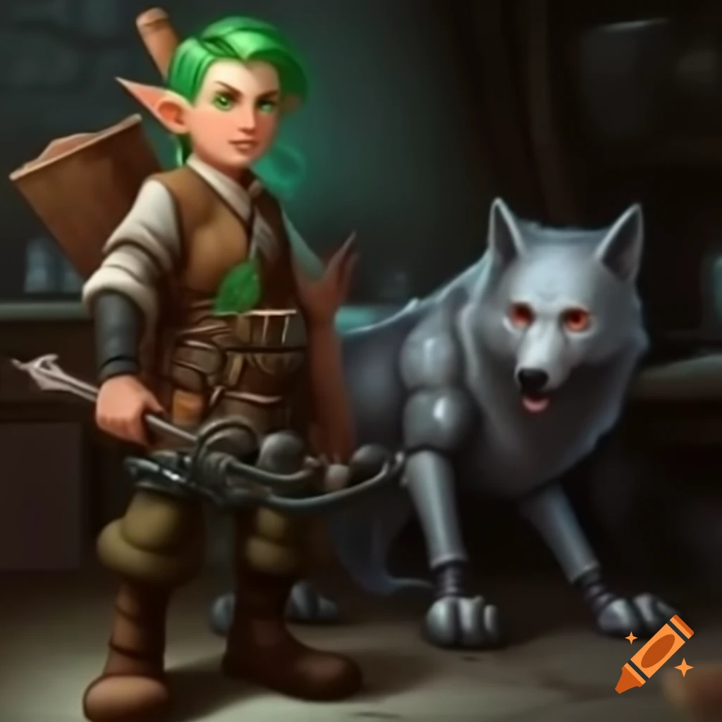 Young male gnome artificer with green hair and technological crossbow beside giant robot wolf in workshop