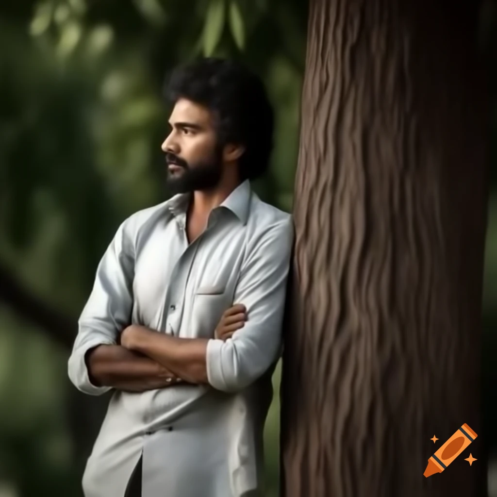 Indian man standing next to a tree