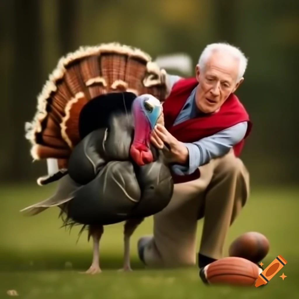 Older redhead man playing football while tackling a turkey