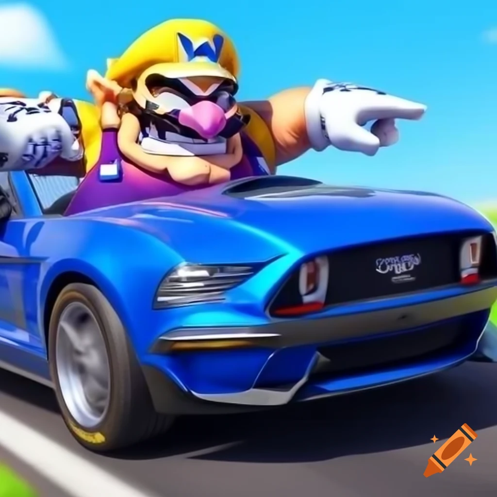 Wario driving a blue Mustang