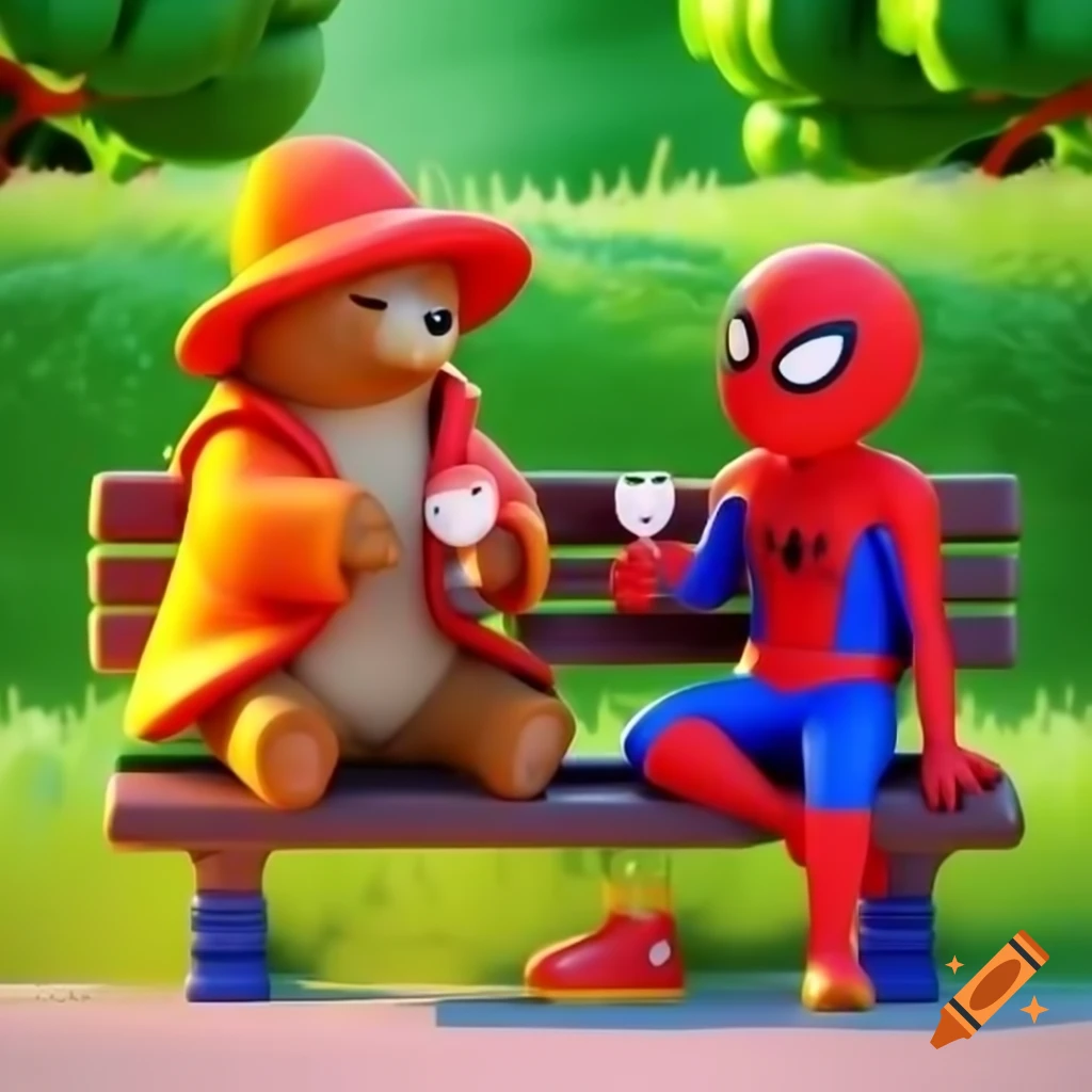 Paddington Bear and Spiderman enjoying wine on park bench in kawaii 3D style