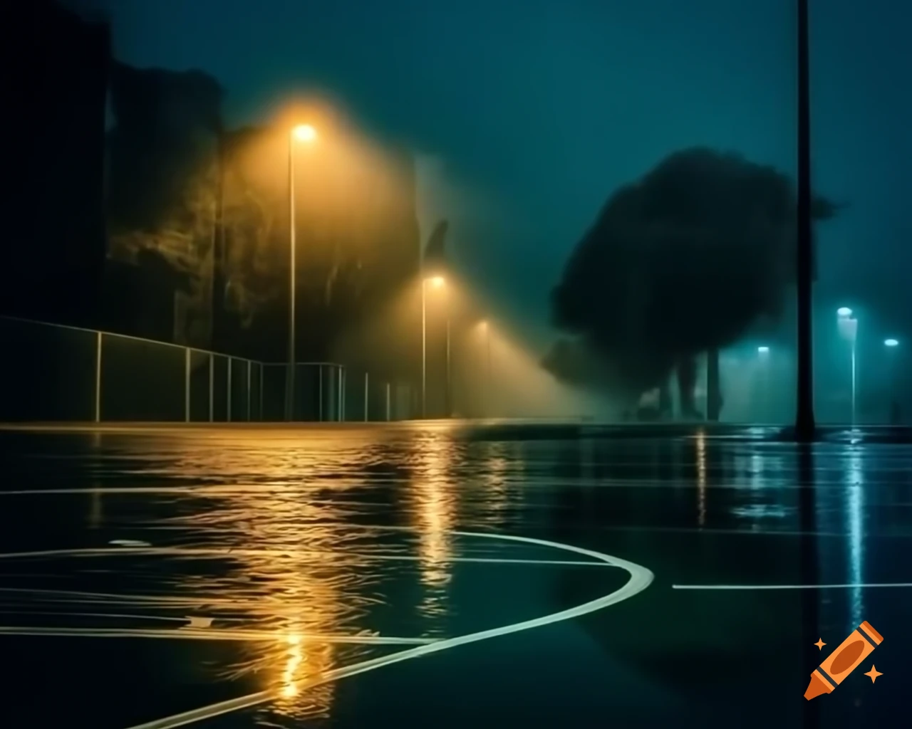 Misty rain on a basketball court illuminated by streetlights with a cityscape background