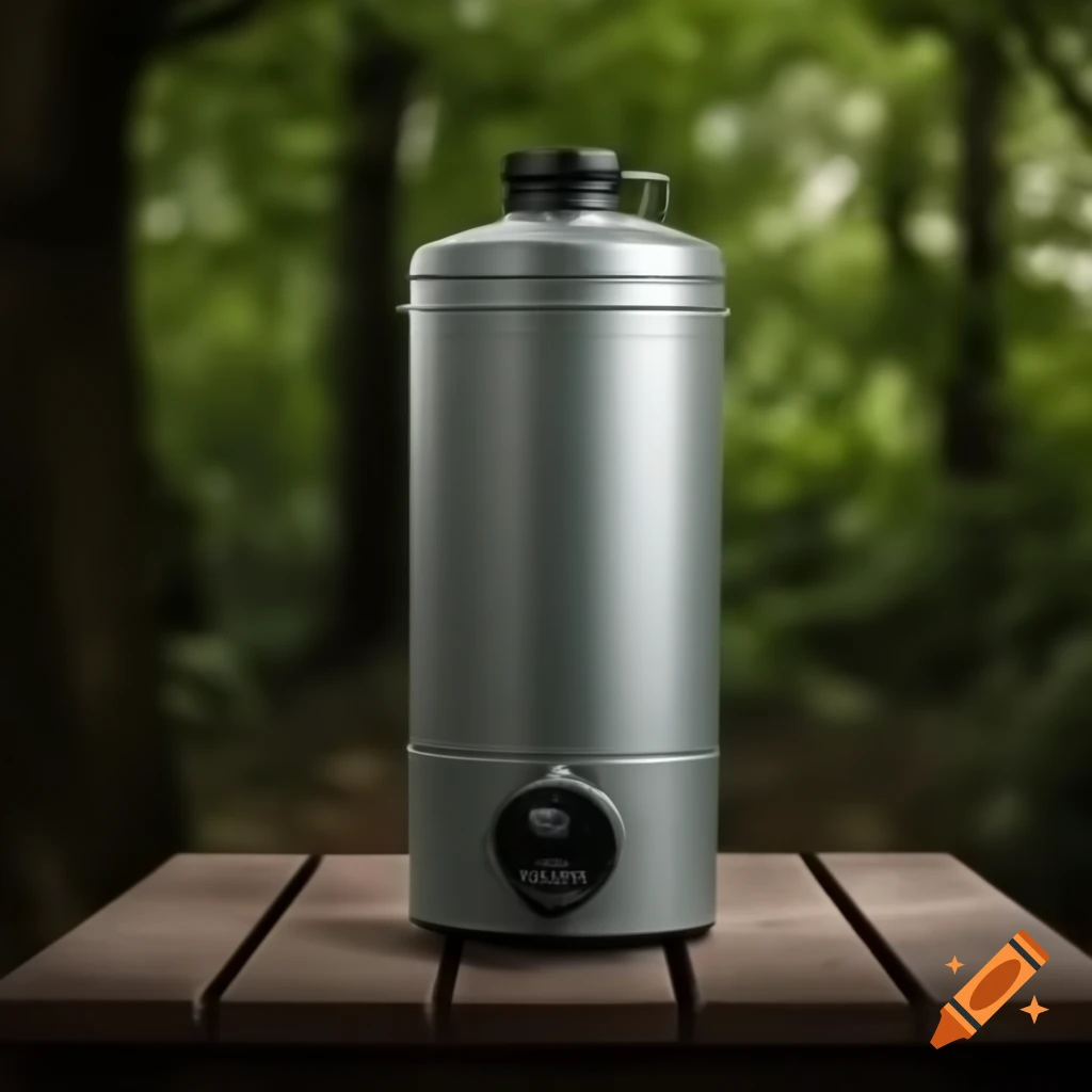 Potable water filter on wooden table with trees in background
