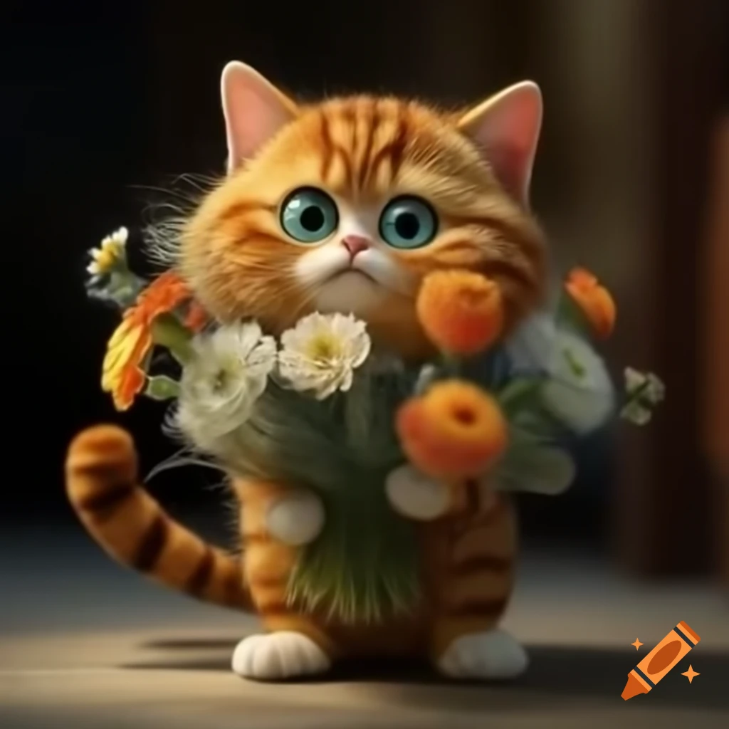 Mischievous cat holding bouquet of flowers and gazing at the camera