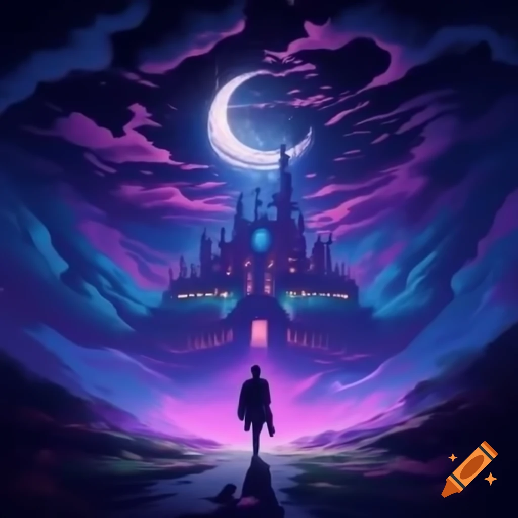 Psychedelic moonlight illuminating a walk through a castle